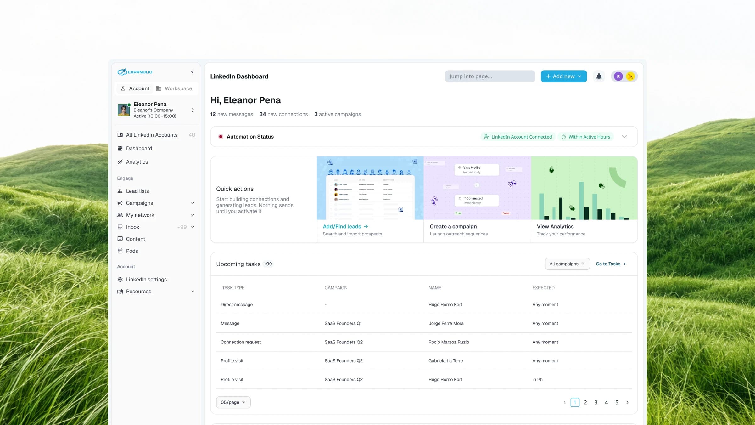 Account home with automation status and quick actions