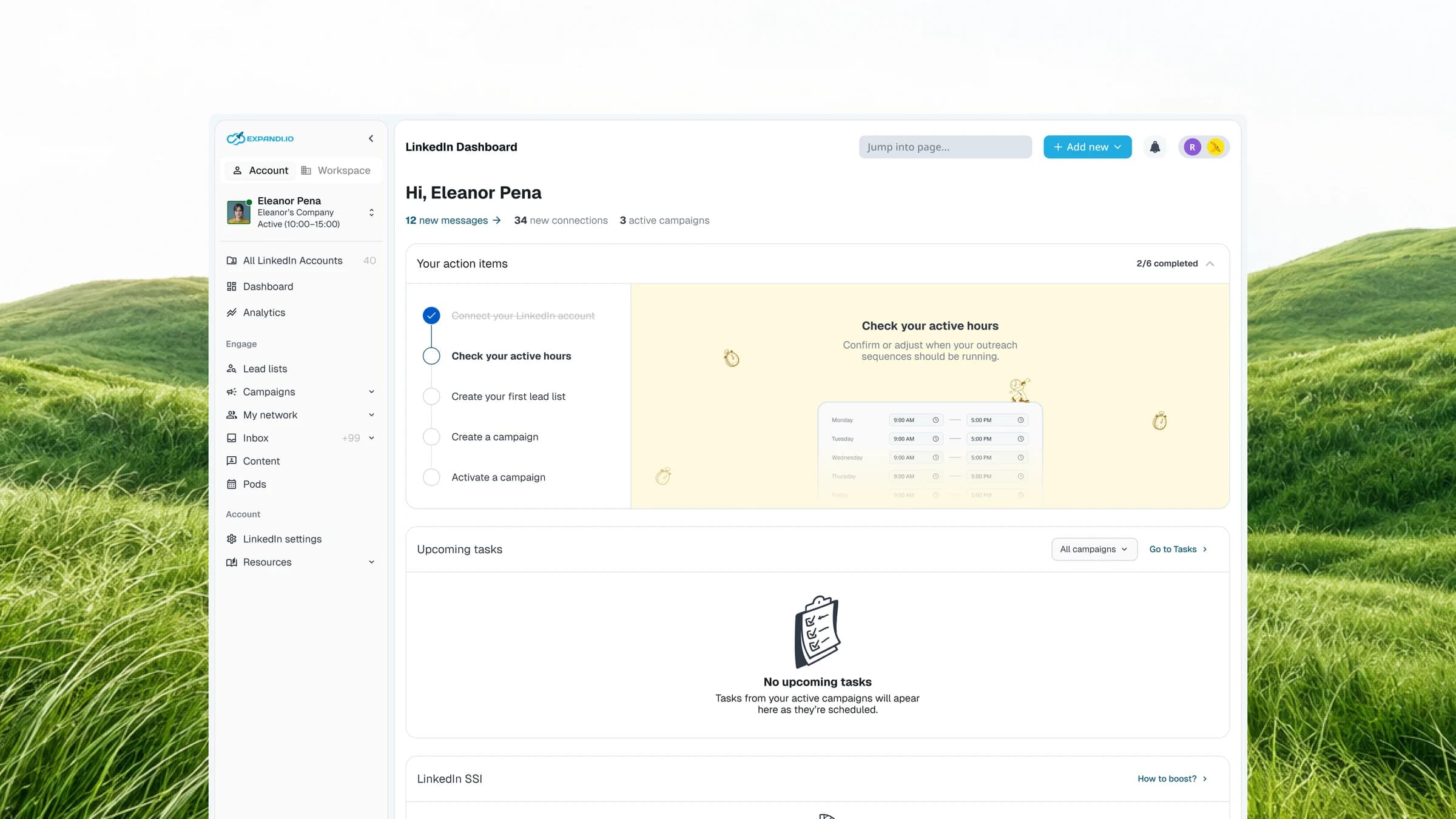 Account home for a new account, with first steps