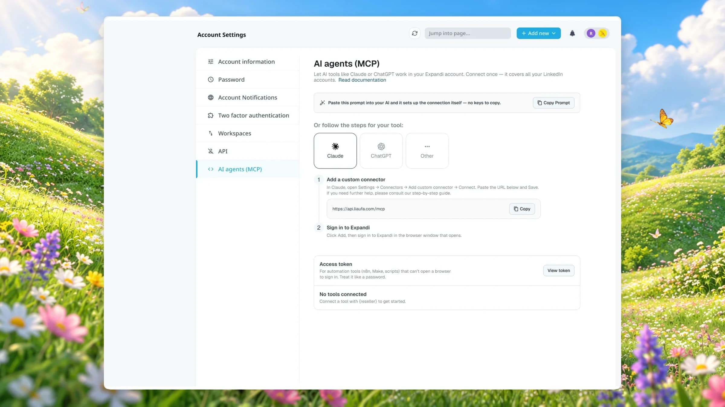 Setup page: one prompt to copy, steps per tool
