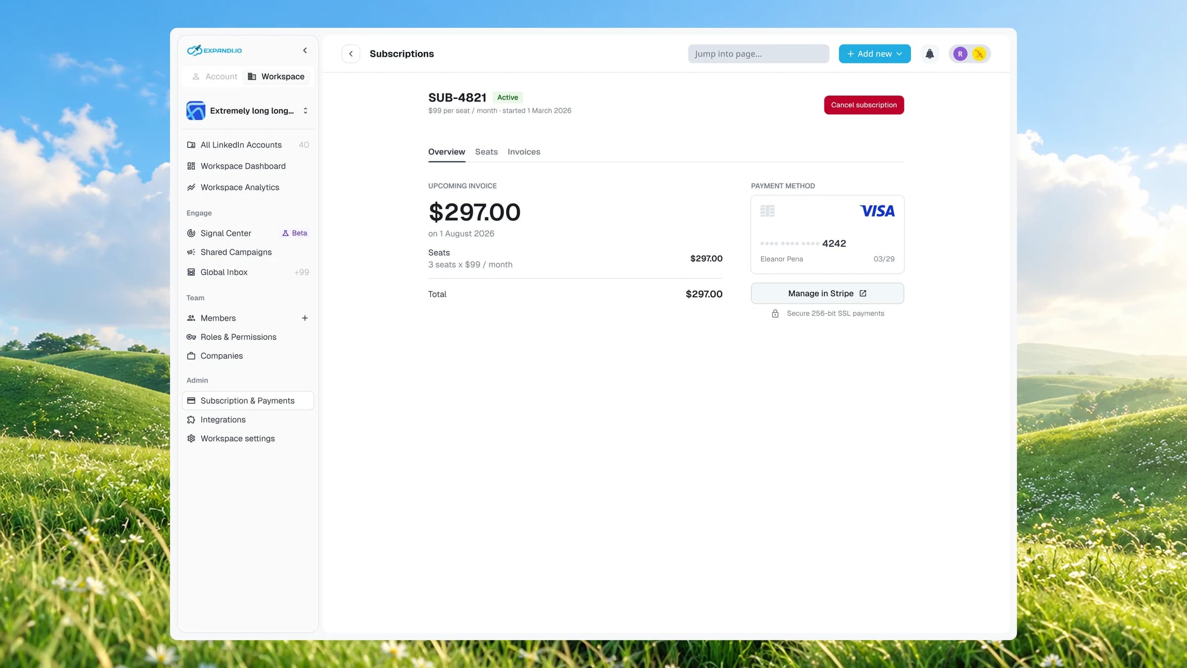 Subscription overview with next payment and card