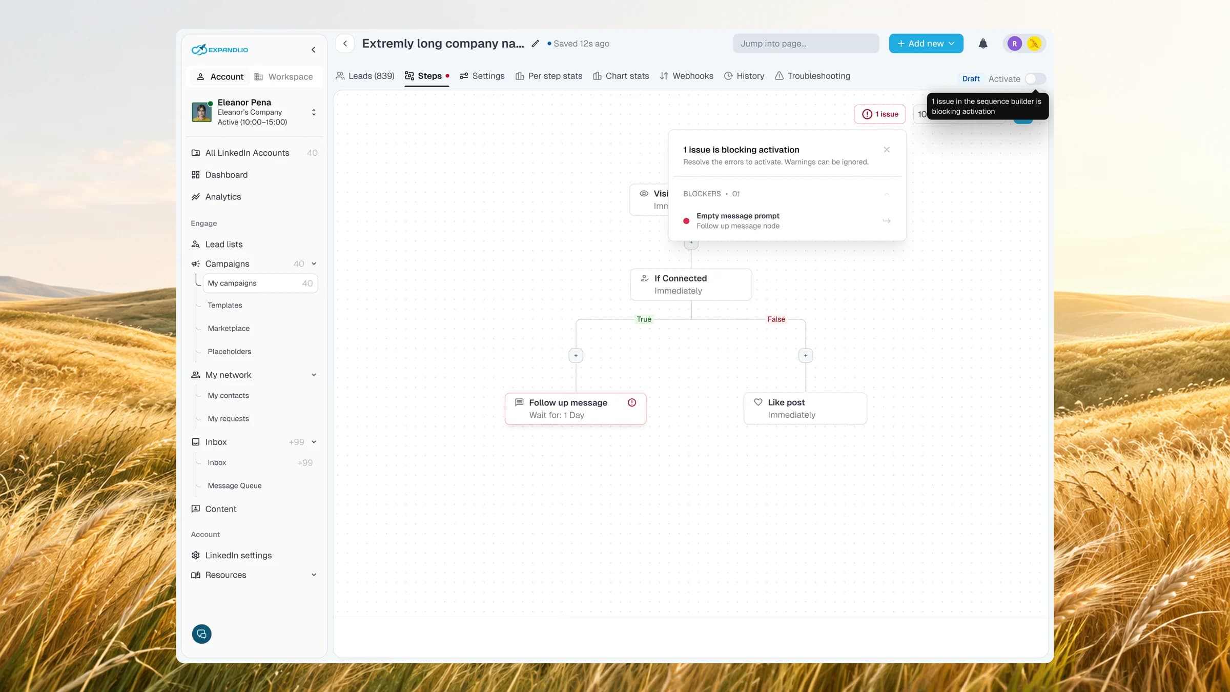 Campaign builder with the incident manager listing what blocks activation