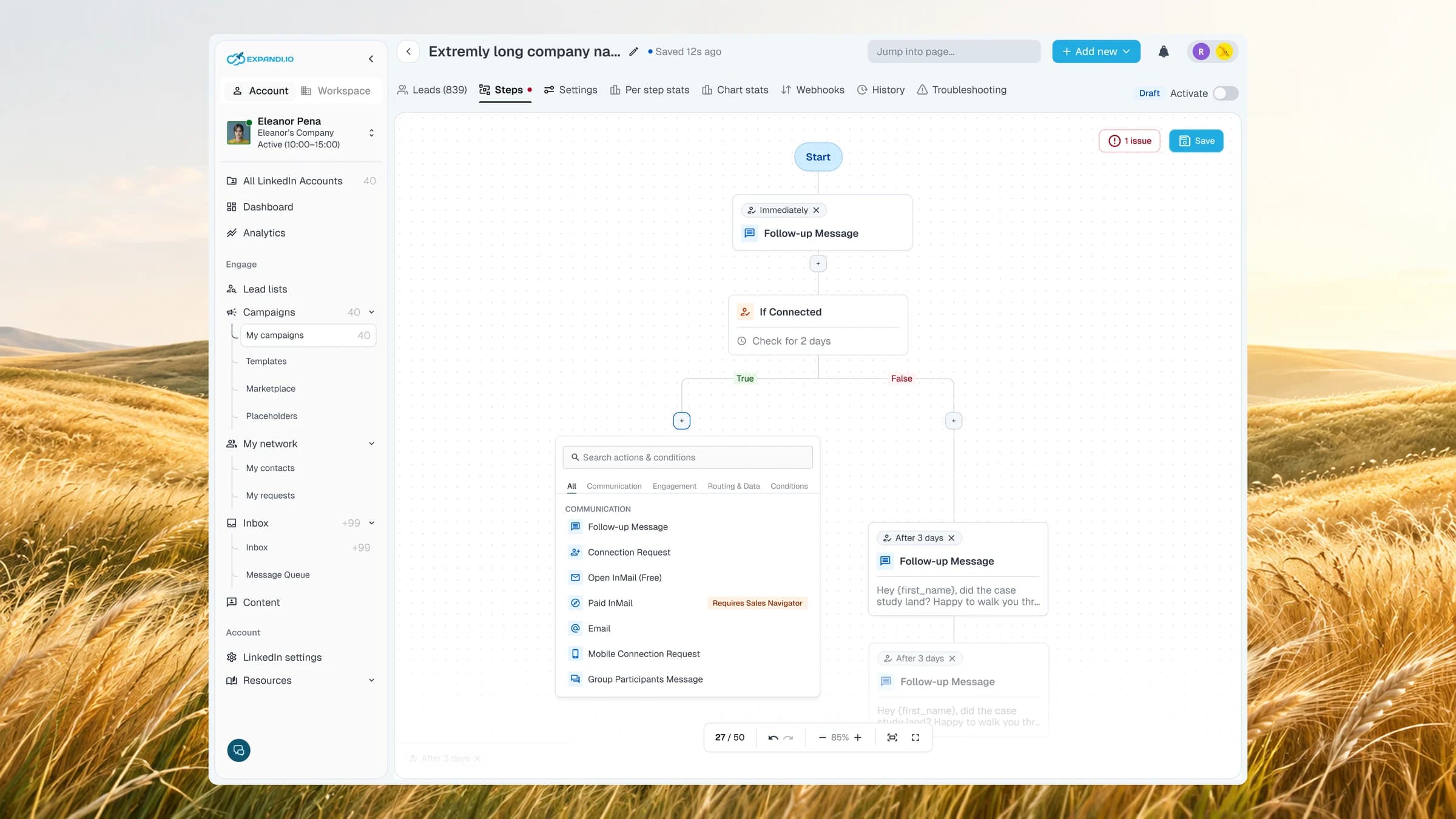 Campaign builder with the step picker open