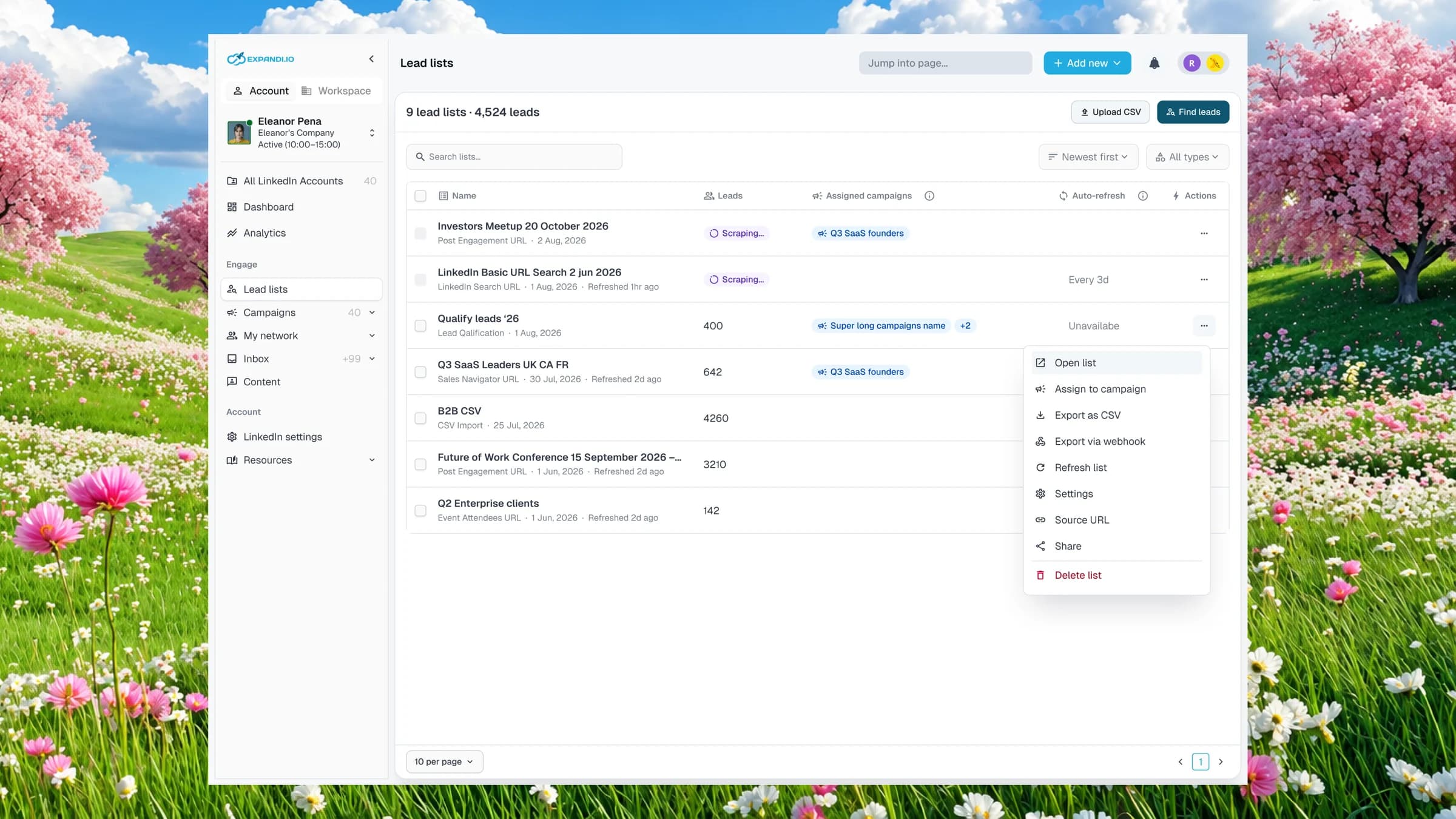 All lead lists, with a row menu open