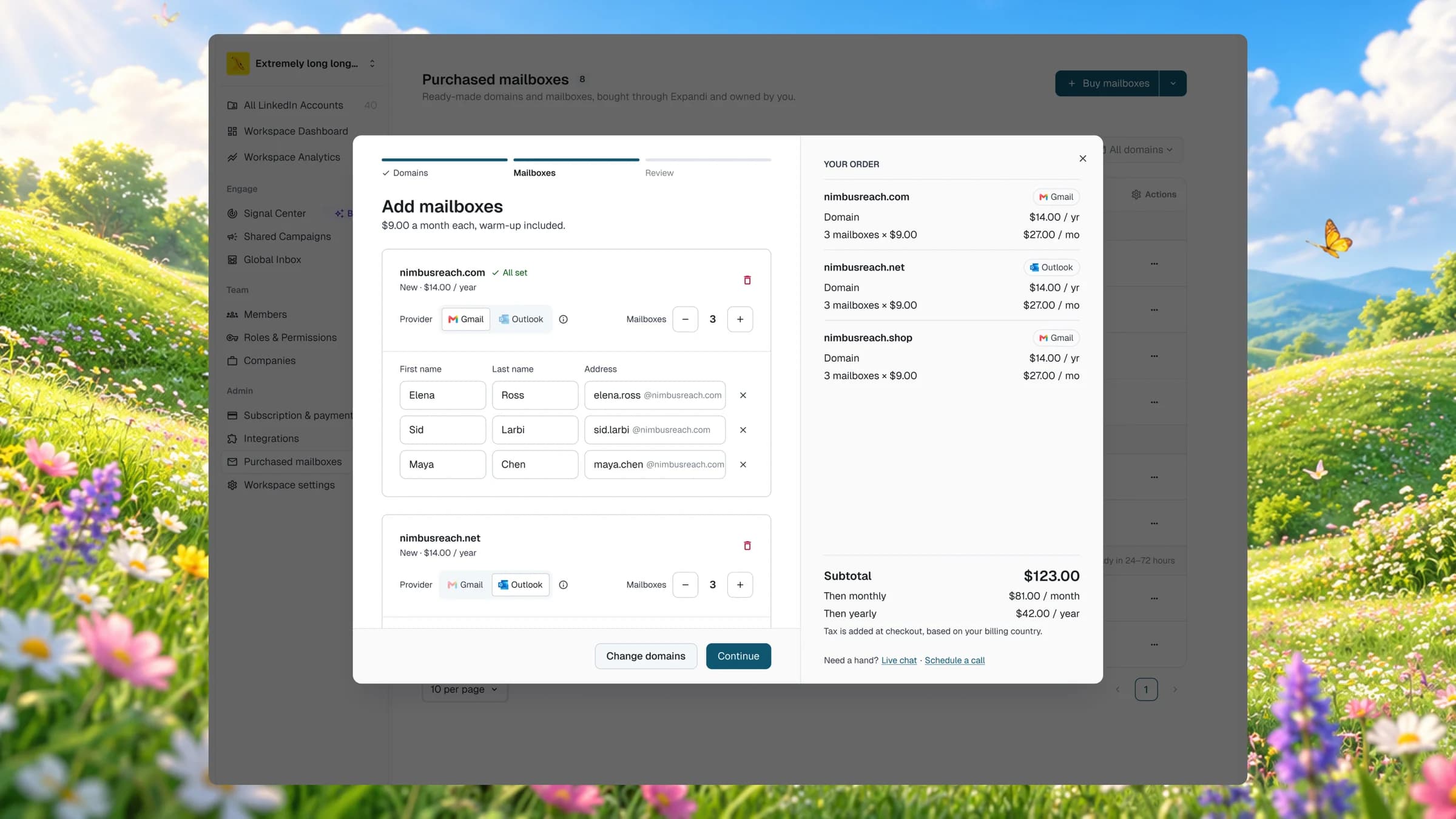 Buying mailboxes: adding mailboxes to each domain
