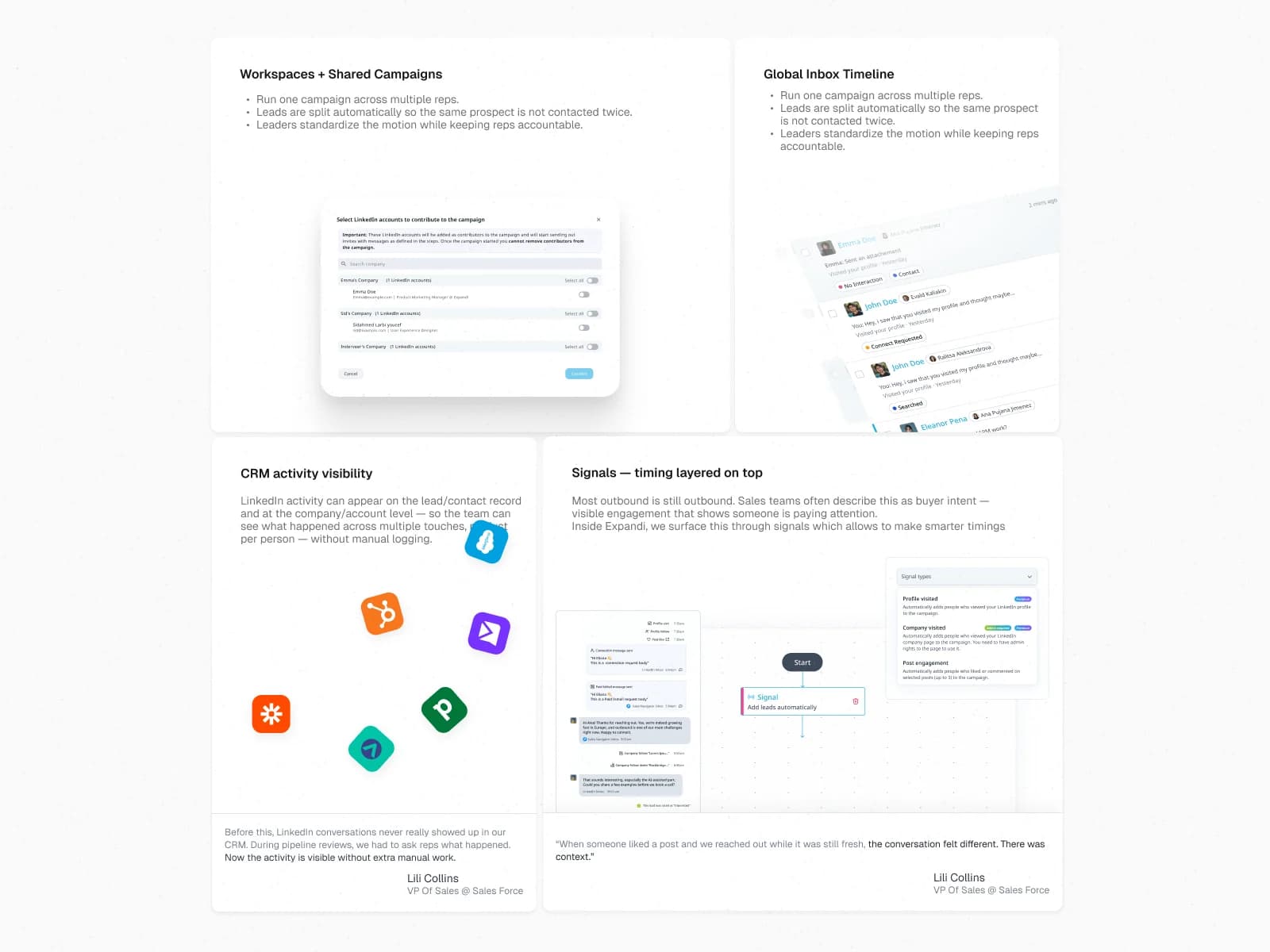 Landing page sections for workspaces, the global inbox and signals