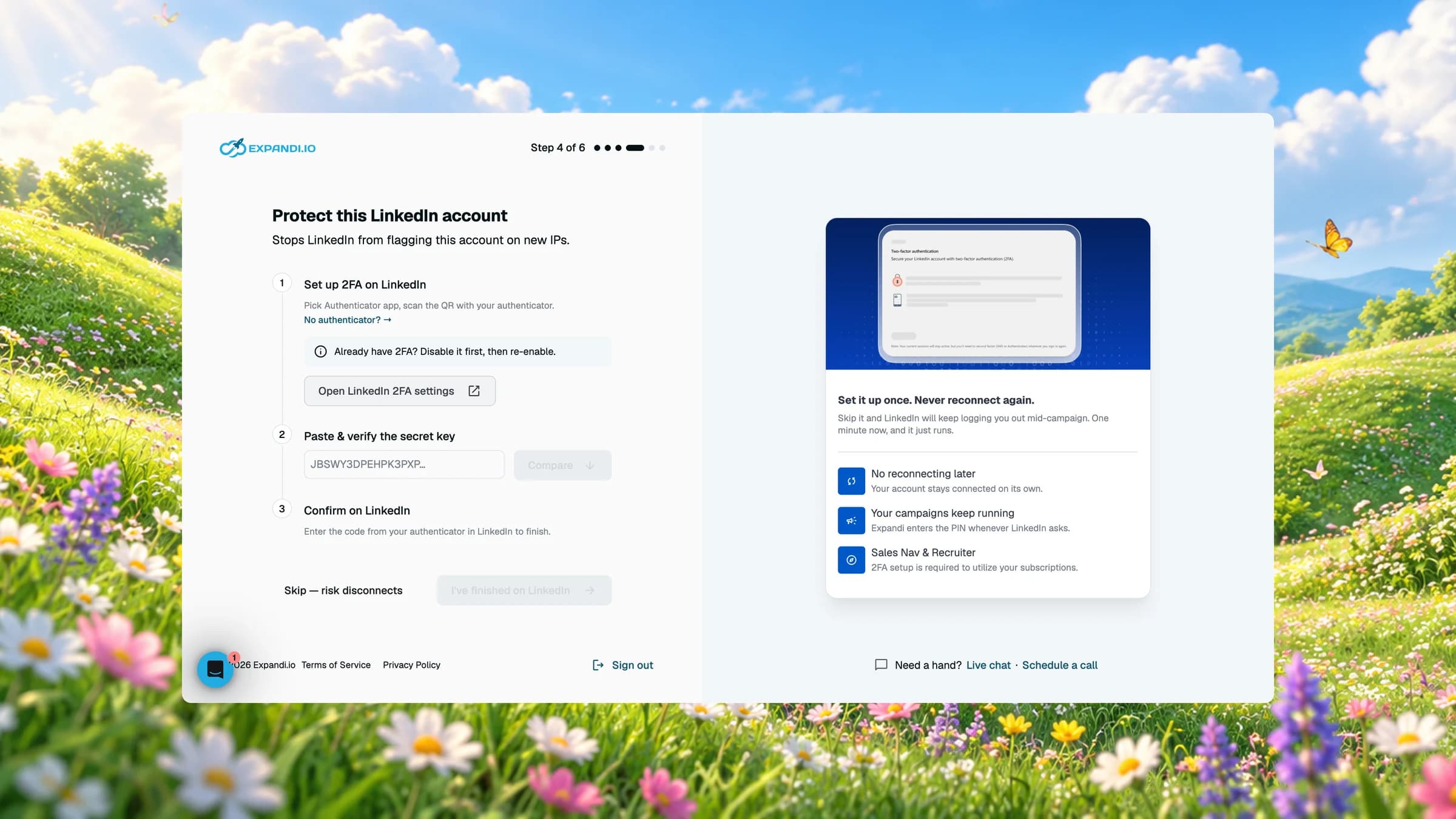Onboarding: protecting the LinkedIn account with 2FA