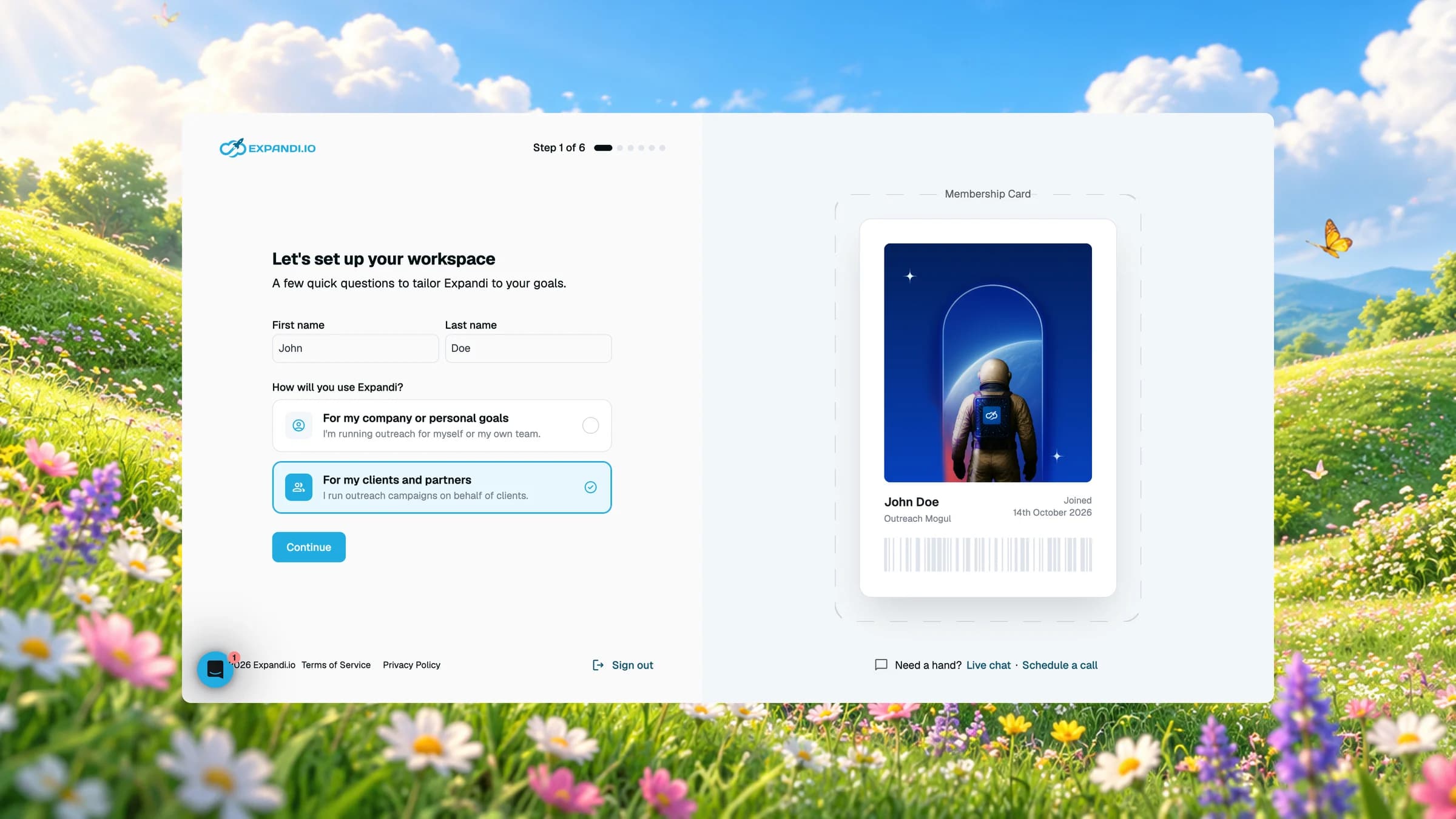 Onboarding: setting up the workspace, with the membership card