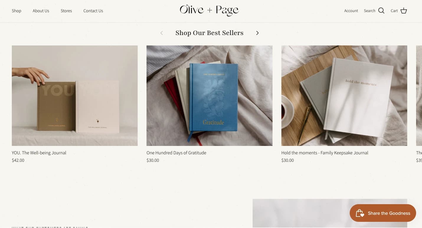 Olive + Page home page with best sellers