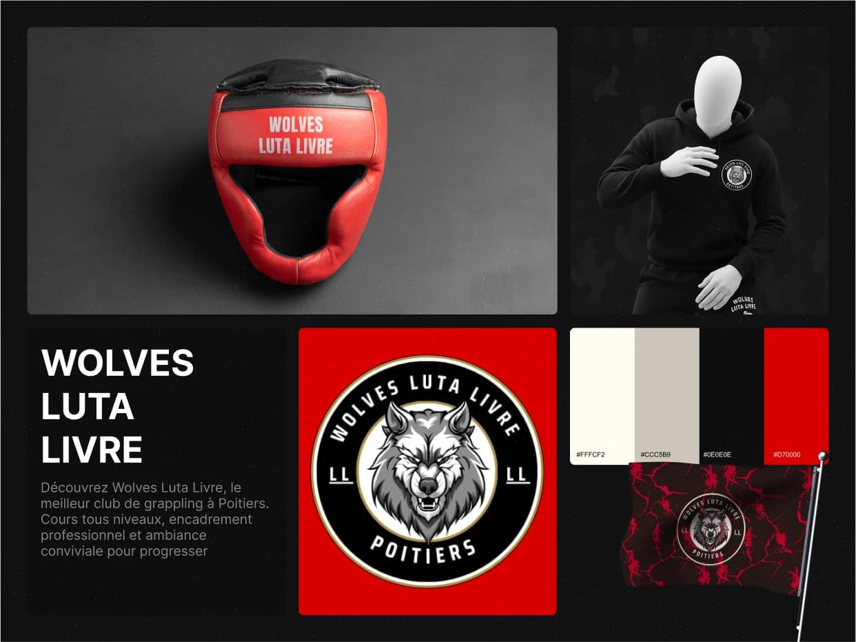 Identity board: wordmark, badge, palette and gear
